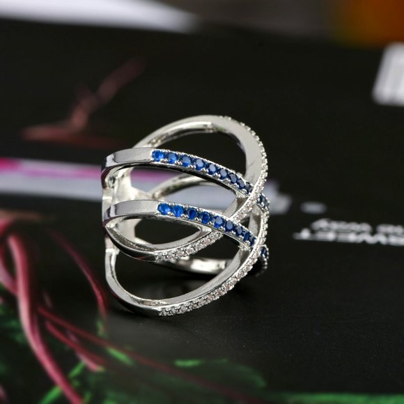 925 Silver Blue White Micro Pave Cross MultiLayer Ring for Women, VIP114 - Picture 2 of 6